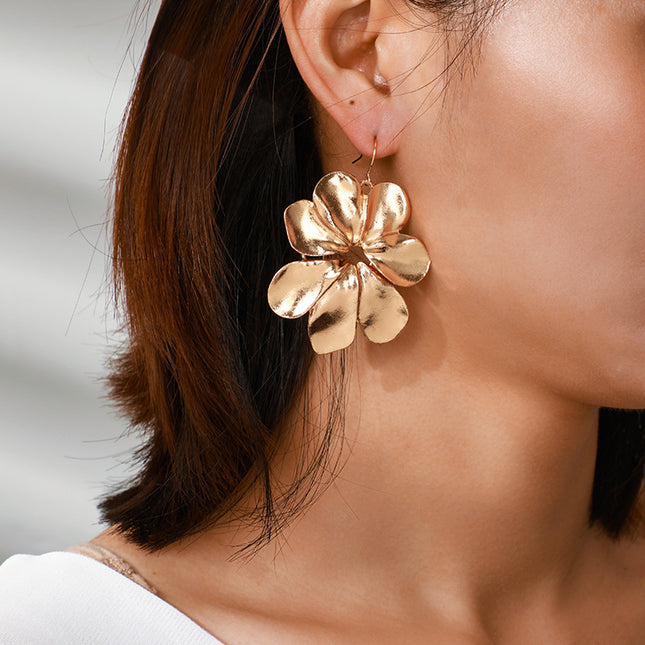 Exaggerated Textured Alloy Large Flower Earrings Petal Stud Earrings