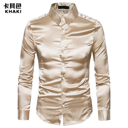 Camisa casual de color sólido para hombre Camisa de manga larga con solapa brillante