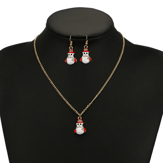 Cute Christmas Snowman Elk Bell Christmas Tree Earrings Drip Oil Red Hat Necklace Set