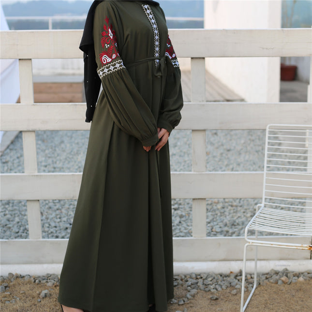 Vestido casual bordado de gasa musulmana de manga larga