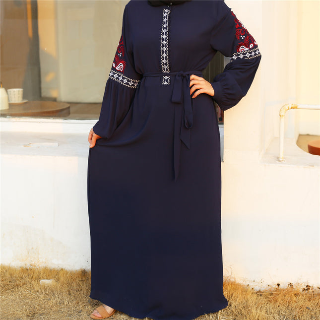 Vestido casual bordado de gasa musulmana de manga larga