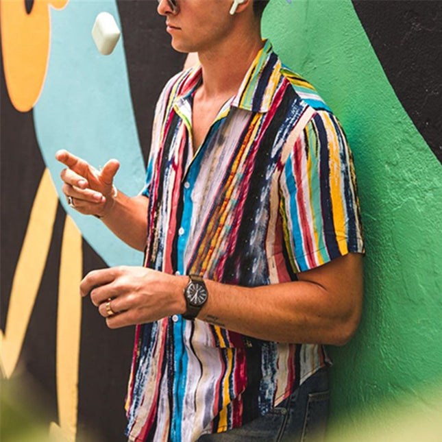 Wholesale Men's Short Sleeve Hawaiian Beach Color Striped Shirt