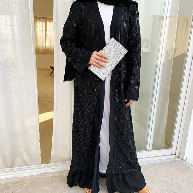 Women's Lace Cardigan Leaf Embroidered Muslim Sequin Robe