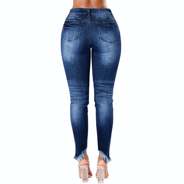 Wholesale Women's Blue Denim Jeans With Ripped Irregular Tassels