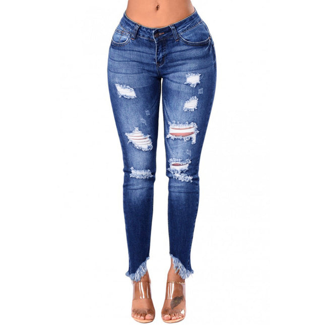 Blaue Denim-Jeans für Damen mit zerrissenen, unregelmäßigen Quasten
