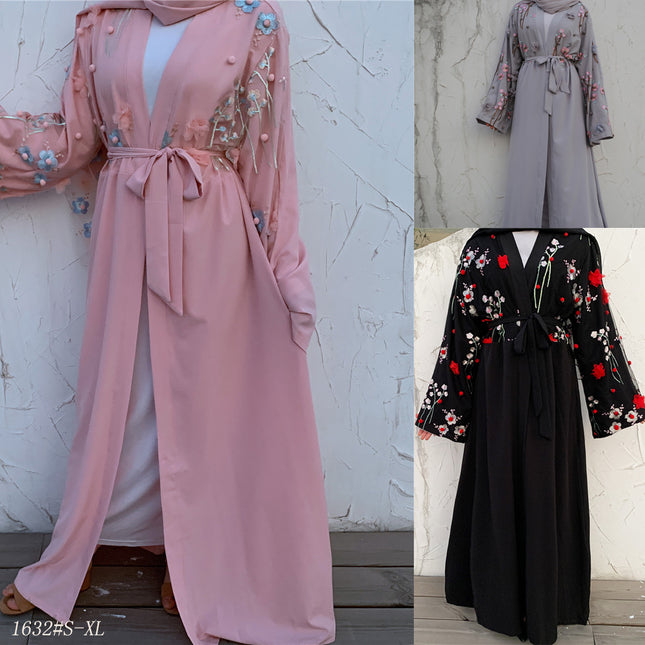 Muslim Floral Mesh Loose Tie Cardigan Robe