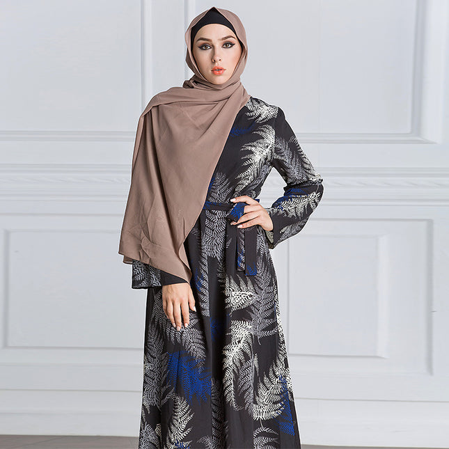 Plus Size Ladies Robe Muslim Print Long Sleeve Panel Dress