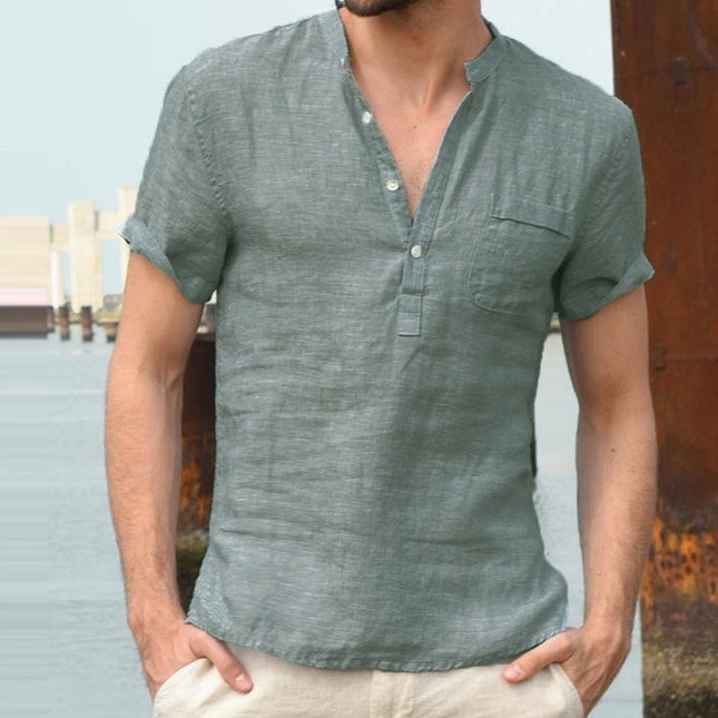 Camisa de manga corta de algodón y lino para hombre con cuello levantado y medio cárdigan