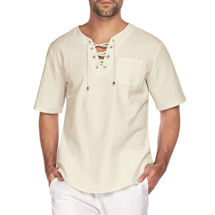 Wholesale Men's Summer Short Sleeve Linen Tie Collar Casual Shirt