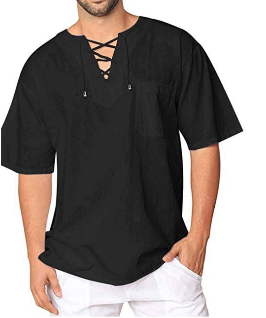 Camisa informal de verano con cuello de lazo de lino y algodón de manga corta para hombre