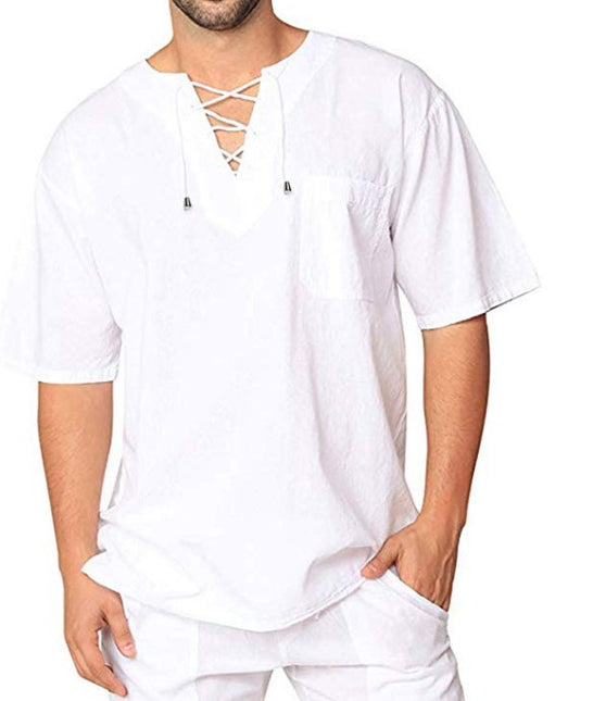 Camisa informal de verano con cuello de lazo de lino y algodón de manga corta para hombre