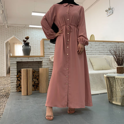 Venta al por mayor de solapa musulmán sólido botón completo Slim Fit Maxi vestido