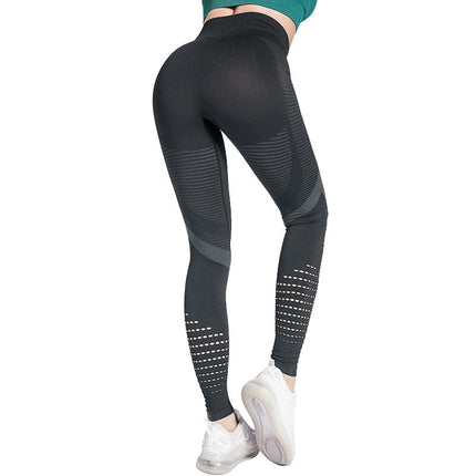 Gestreifte Yogahose aus elastischem Sport-Mesh für Damen mit hoher Taille