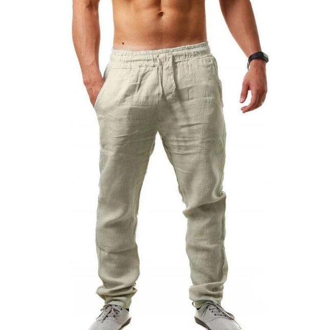Pantalones casuales finos de color sólido de deportes de lino de algodón para hombres