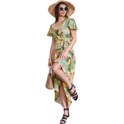 Wholesale Women's Summer Irregular Hem Mid Length Printed Chiffon Dress