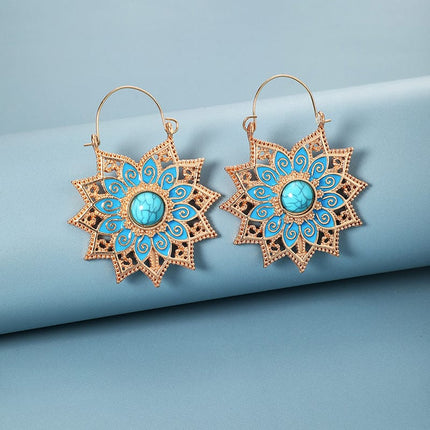 Sunflower Geometric Flower Turquoise Blue Ethnic Earrings