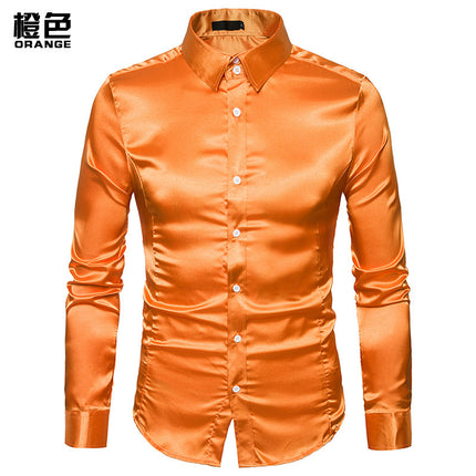 Camisa casual de color sólido para hombre Camisa de manga larga con solapa brillante