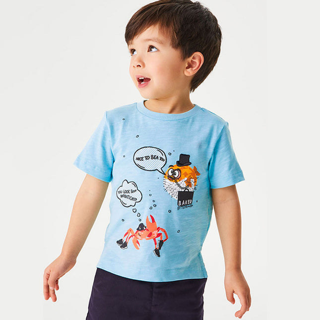 Camiseta de cuello redondo de algodón de dibujos animados de verano para niños