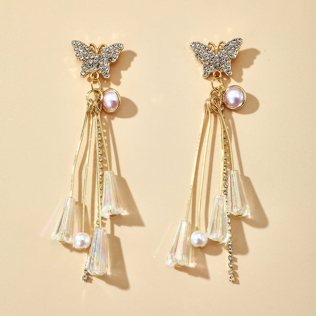 Strass-Perlen-Kristalltroddel-lange Schmetterlings-Bolzen-Ohrringe