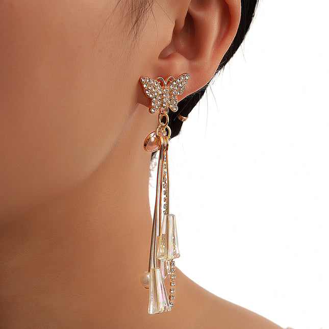 Rhinestone Pearl Crystal Tassel Long Butterfly Stud Earrings