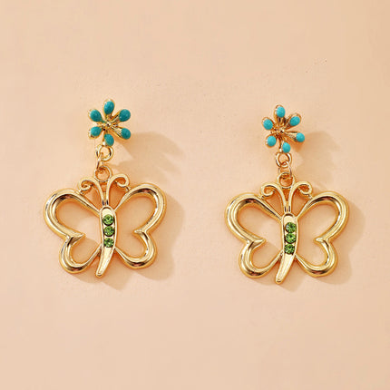 Green Rhinestone Butterfly Flower Earrings