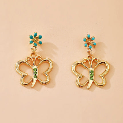 Green Rhinestone Butterfly Flower Earrings