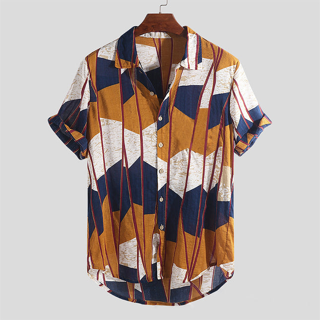 Camisa a rayas de color de playa hawaiana de manga corta para hombre