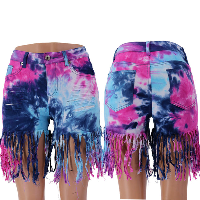 Wholesale Women's Ripped Hip Low Waist High Elastic Tie Dye Tassel Denim Shorts
