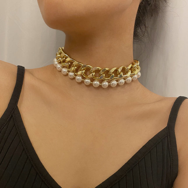 Chunky Chain Choker Set Trendy Geometric Faux Pearl Necklace