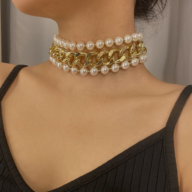 Chunky Chain Choker Set Trendy Geometric Faux Pearl Necklace
