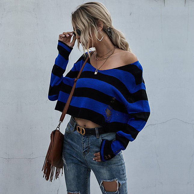 Wholesale Women's Autumn Striped V-Neck Cropped Ripped Sweater