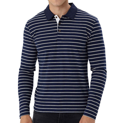 Wholesale Men's Fall Striped Lapel Polo Long Sleeve T-Shirt