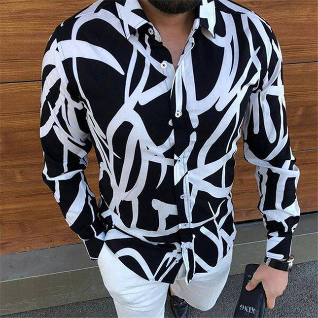 Wholesale Men's Lapel Collar 3D Printed Casual Slim Long Sleeve Shirt