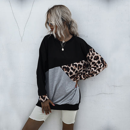 Wholesale Women's Long Sleeve Pullover Round Neck Leopard Hoodie