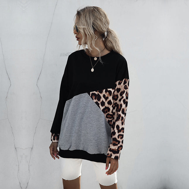 Langarm-Pullover mit Rundhalsausschnitt und Leopardenmuster für Damen