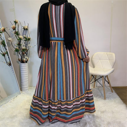 Muslim Ladies Colorful Striped Printed Dress Swing Long Dress