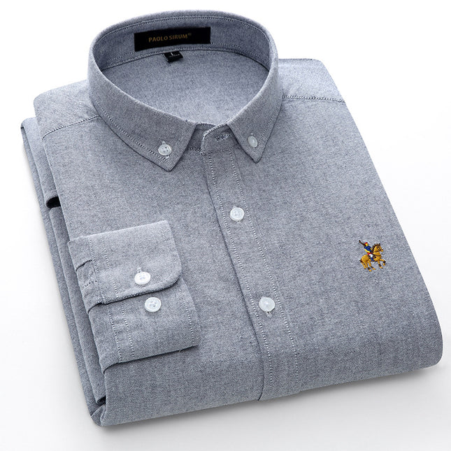 Wholesale Men's Cotton Oxford Embroidery Long Sleeve Solid Color Shirt