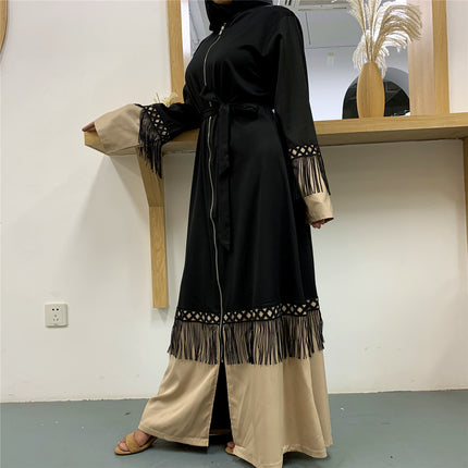 Muslim Tassel Lace Stitching Ladies Zipper Cardigan Lace-Up Robe