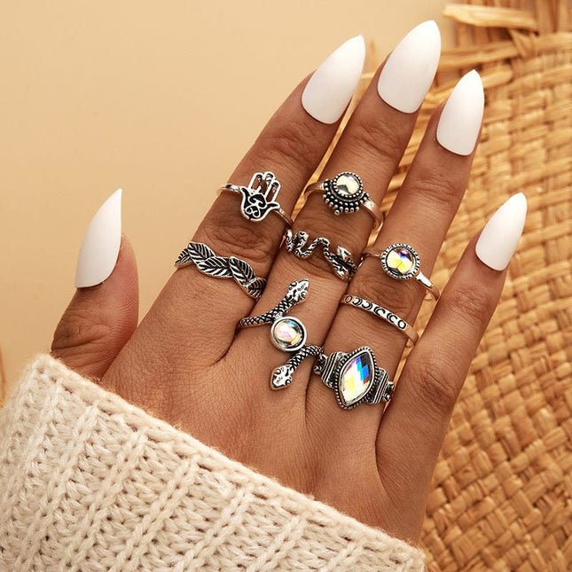 Vintage Alloy Geometric Imitation Opal Color Water Drop Leaf Palm Snake Ring 8 Eight-piece Set