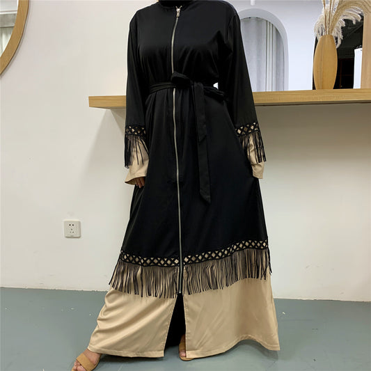 Muslim Tassel Lace Stitching Ladies Zipper Cardigan Lace-Up Robe