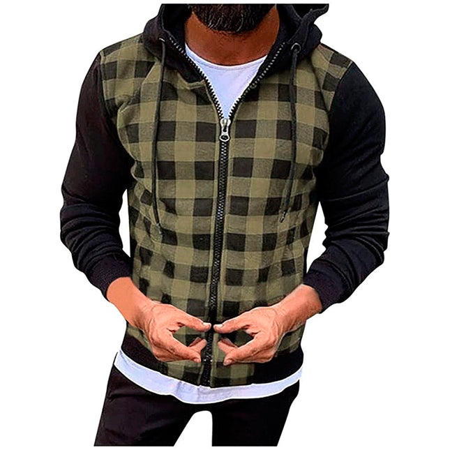 Wholesale Men's Casual Plaid Zipper Hooded Long Sleeve Cardigan Jacket