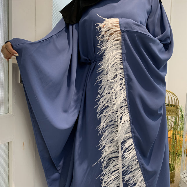 Stitching Feather Loose Dolman Sleeve Oversized Muslim Robe