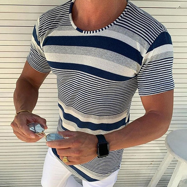 Wholesale Men's Spring Summer Striped Round Neck Short Sleeve T-Shirt