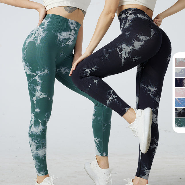 Pantalones de yoga sin costuras para mujer Leggings deportivos de cintura alta para gimnasio con tinte anudado