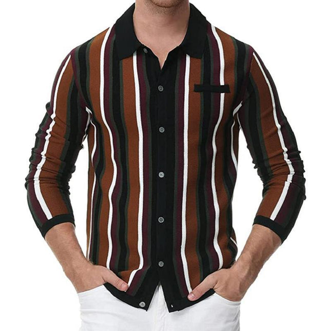 Wholesale Men's Spring Autumn Long Sleeve Lapel Striped Jacquard Polo Shirt