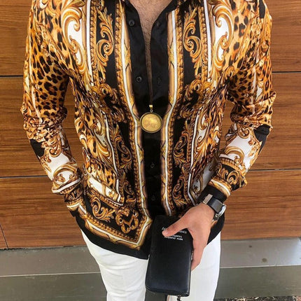 Wholesale Men's Casual Leopard Court Print Floral Long Sleeve Shirt