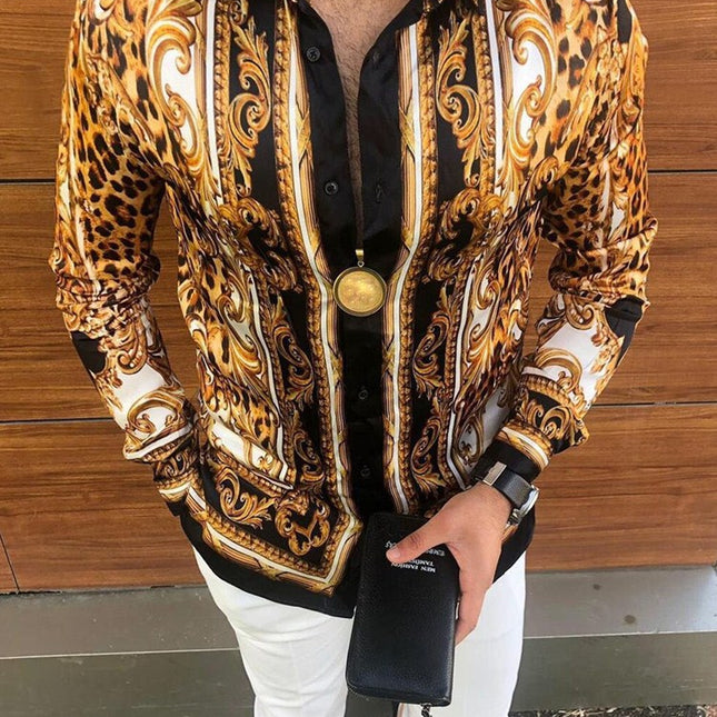 Camisa casual de manga larga con estampado floral de leopardo para hombre