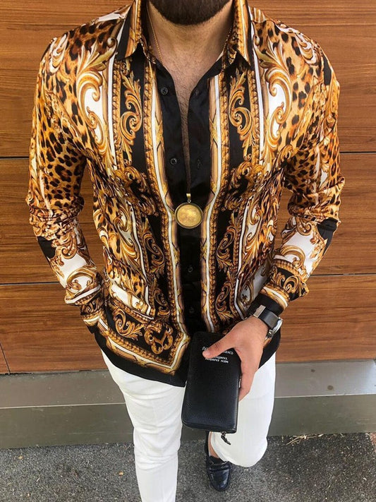 Wholesale Men's Casual Leopard Court Print Floral Long Sleeve Shirt