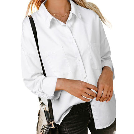 Women Casual Denim Polo Neck Long Sleeve Shirt Top