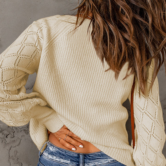 Women Casual Soild Color Puff Sleeve Cardigan Sweater